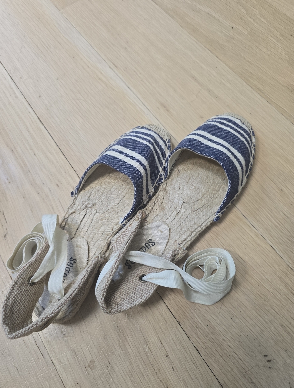 Soludos Navy and White Striped Espadrille Flats with Cream Ties